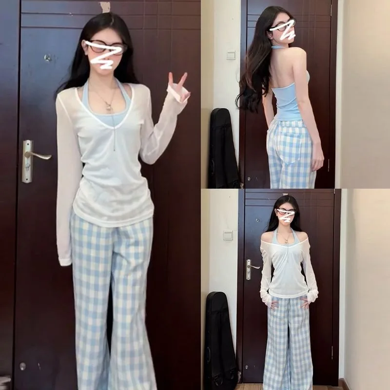 American Sexy Subculture Blue Halter Vest White V-neck Solid Color Long Sleeve Smock T-shirt Women Slim Fashion Two-piece Set
American Sexy Subculture Blue Halter Vest White V-neck Solid Color Long Sleeve Smock T-shirt Women Slim Fashion Two-piece Set
