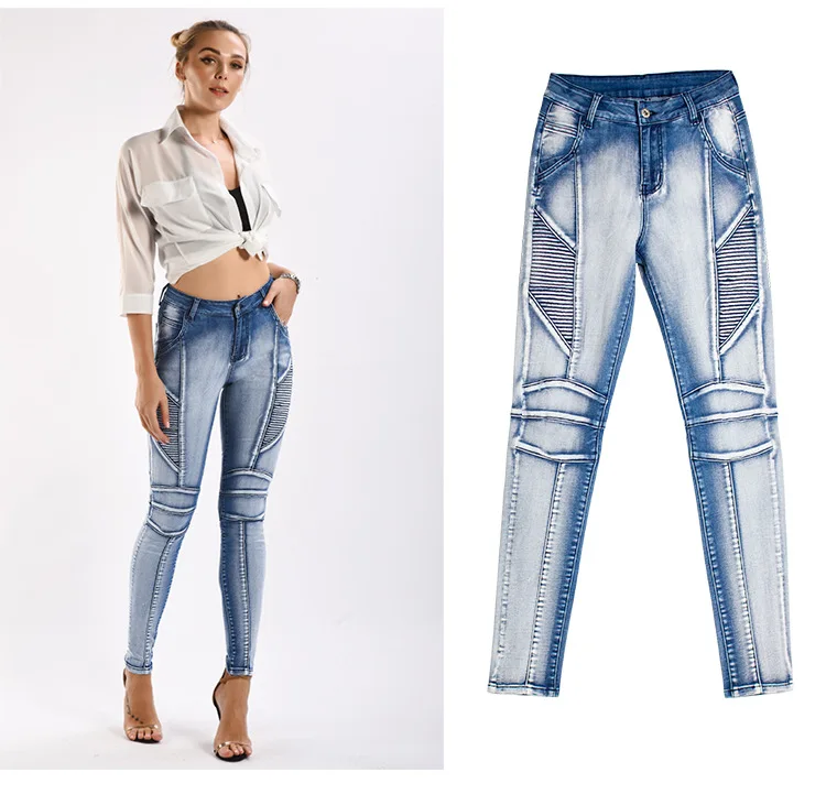 European Women Spring Summer Stretchy Bleached Fold Designer Skinny Denim Trousers , Woman Fashion Motocycle Pencil Jeans Pants
European Women Spring Summer Stretchy Bleached Fold Designer Skinny Denim Trousers , Woman Fashion Motocycle Pencil Jeans Pants