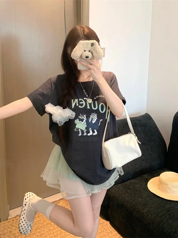 Loose round Neck Short Sleeve T-Shirt Women's plus Size Cartoon Print Casual Top Summer Fashion plus MM Korean Style
Loose round Neck Short Sleeve T-Shirt Women's plus Size Cartoon Print Casual Top Summer Fashion plus MM Korean Style