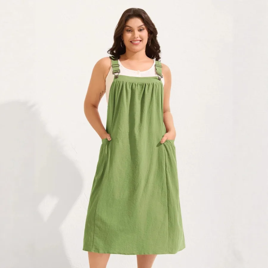 【New style】Large size women's clothing loose slimming cotton casual pleated pockets mid-long suspender dress
【New style】Large size women's clothing loose slimming cotton casual pleated pockets mid-long suspender dress
