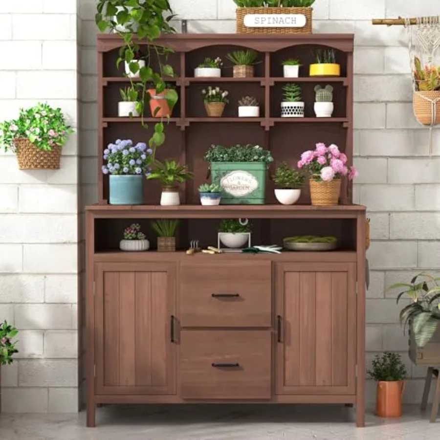 Outdoor fir wood potting bench for gardening brown 45.3 large with storage: 6-shelf hutch 2 cabinets 2 drawers 3 hooks multi-fu
Outdoor fir wood potting bench for gardening brown 45.3 large with storage: 6-shelf hutch 2 cabinets 2 drawers 3 hooks multi-fu