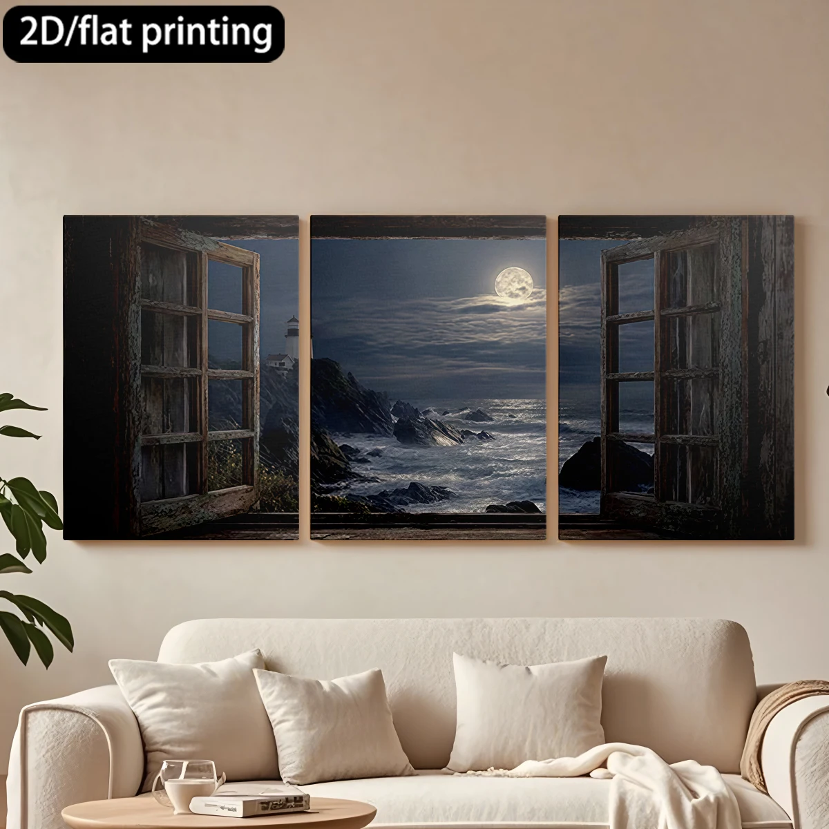 2D flat printing 3pc wooden frame canvas decorative painting Moonlit coastal view, lighthouse, waves.
2D flat printing 3pc wooden frame canvas decorative painting Moonlit coastal view, lighthouse, waves.