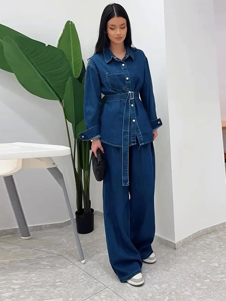 Vintage Women's Denim Two Piece Pants Set Single Breasted Jacket With Belt Matching High Waist Jeans Trendy Casual Daily Outfit
Vintage Women's Denim Two Piece Pants Set Single Breasted Jacket With Belt Matching High Waist Jeans Trendy Casual Daily Outfit