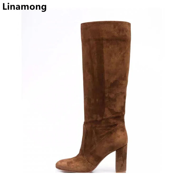 European and American Brown Suede Thick Heel Knee High Boots with Round Toe Splicing Sleeve High Heels Fashion Boots
European and American Brown Suede Thick Heel Knee High Boots with Round Toe Splicing Sleeve High Heels Fashion Boots