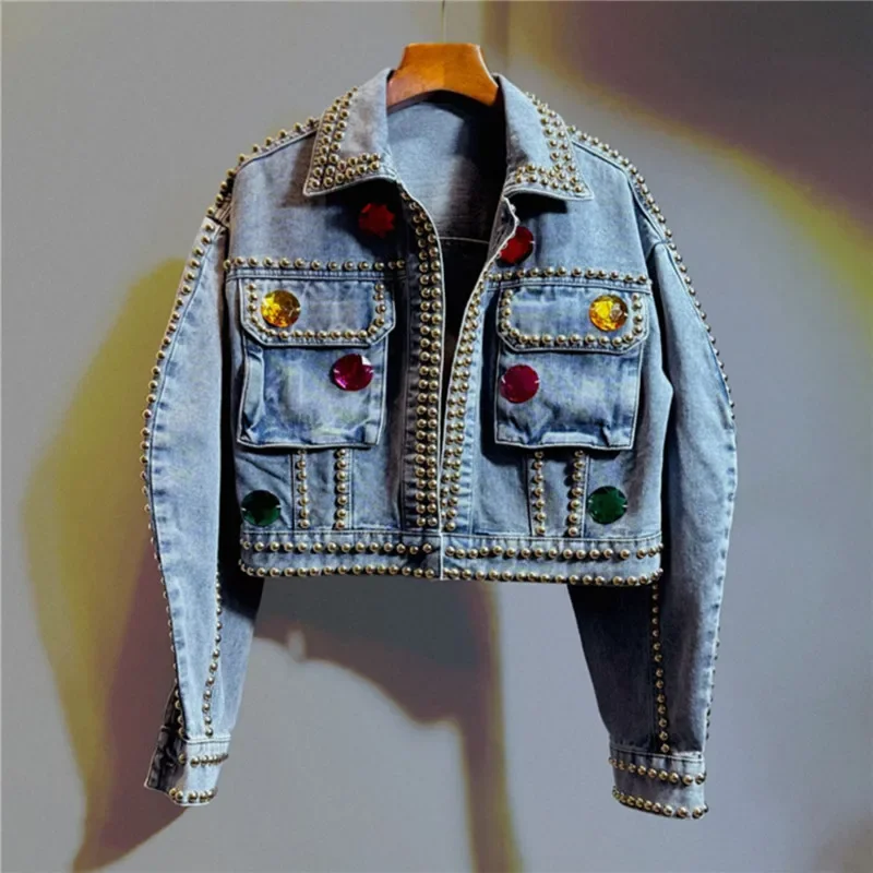 Heavy Work Rivet Diamond Big Pocket Denim Jacket Blue Casual Short Cardigan Coat Lapel Long Sleeve Female Jeans Jacket Spring
Heavy Work Rivet Diamond Big Pocket Denim Jacket Blue Casual Short Cardigan Coat Lapel Long Sleeve Female Jeans Jacket Spring