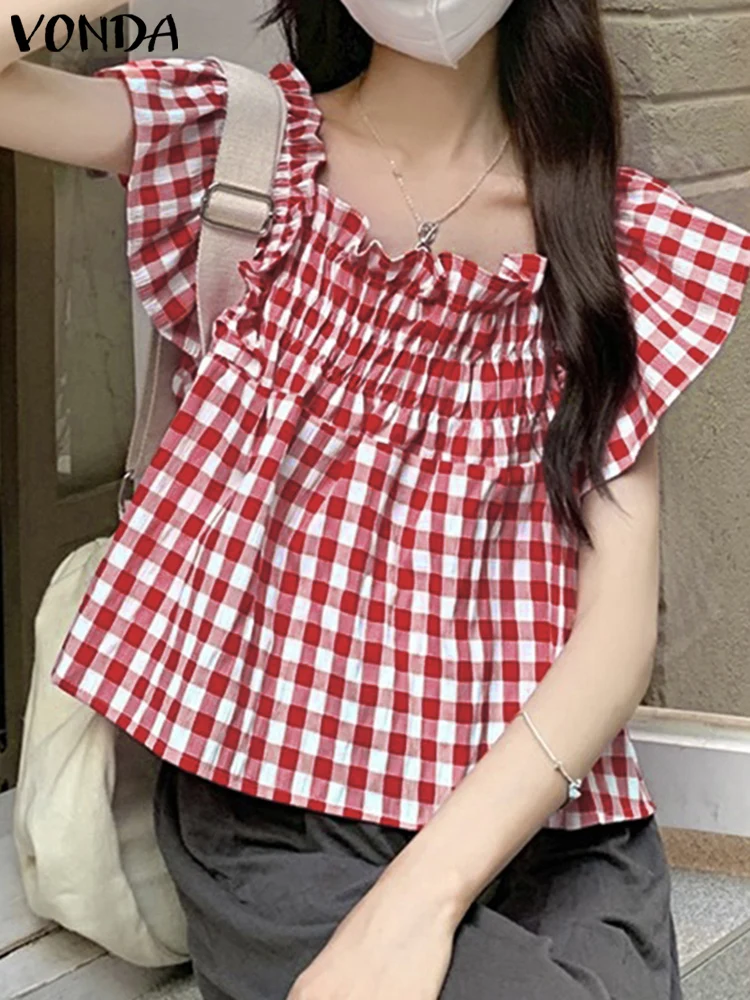 VONDA Summer Ruffled Tops Women Bohemian Blouse Fashion Short Sleeve Vintage Plaid Blusas Femininas Casual Loose Pleated Shirts
VONDA Summer Ruffled Tops Women Bohemian Blouse Fashion Short Sleeve Vintage Plaid Blusas Femininas Casual Loose Pleated Shirts