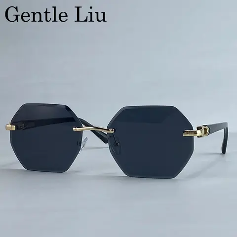 Square Rimless Sunglasses Men 2025 Luxury Brand Fashion Hexagon Shield Sun Glasses For Male Vintage Metal Frame Eyewear UV400