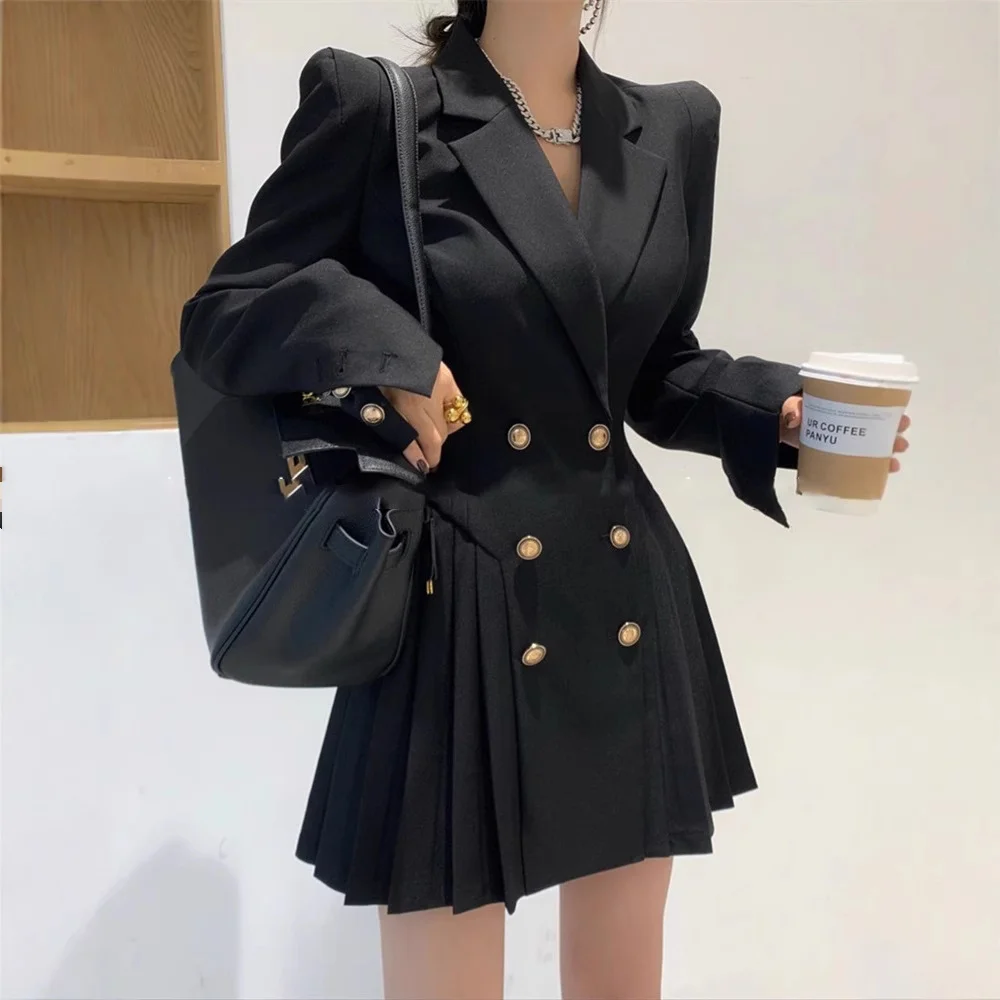 Women's Black Blazer Dress, Double-Breasted Mini Dress with Pleated Skirt, Tailored Waist-Cinched Formal Work Dress
Women's Black Blazer Dress, Double-Breasted Mini Dress with Pleated Skirt, Tailored Waist-Cinched Formal Work Dress