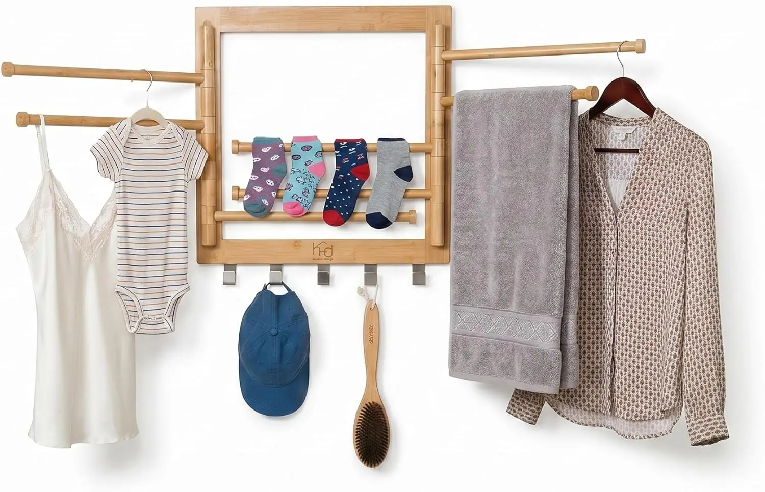 Wall-Mount Bamboo Drying Rack with Swivel Arms, 8 Rods and 5 Hooks, Holds 80 lbs for Laundry
Wall-Mount Bamboo Drying Rack with Swivel Arms, 8 Rods and 5 Hooks, Holds 80 lbs for Laundry
