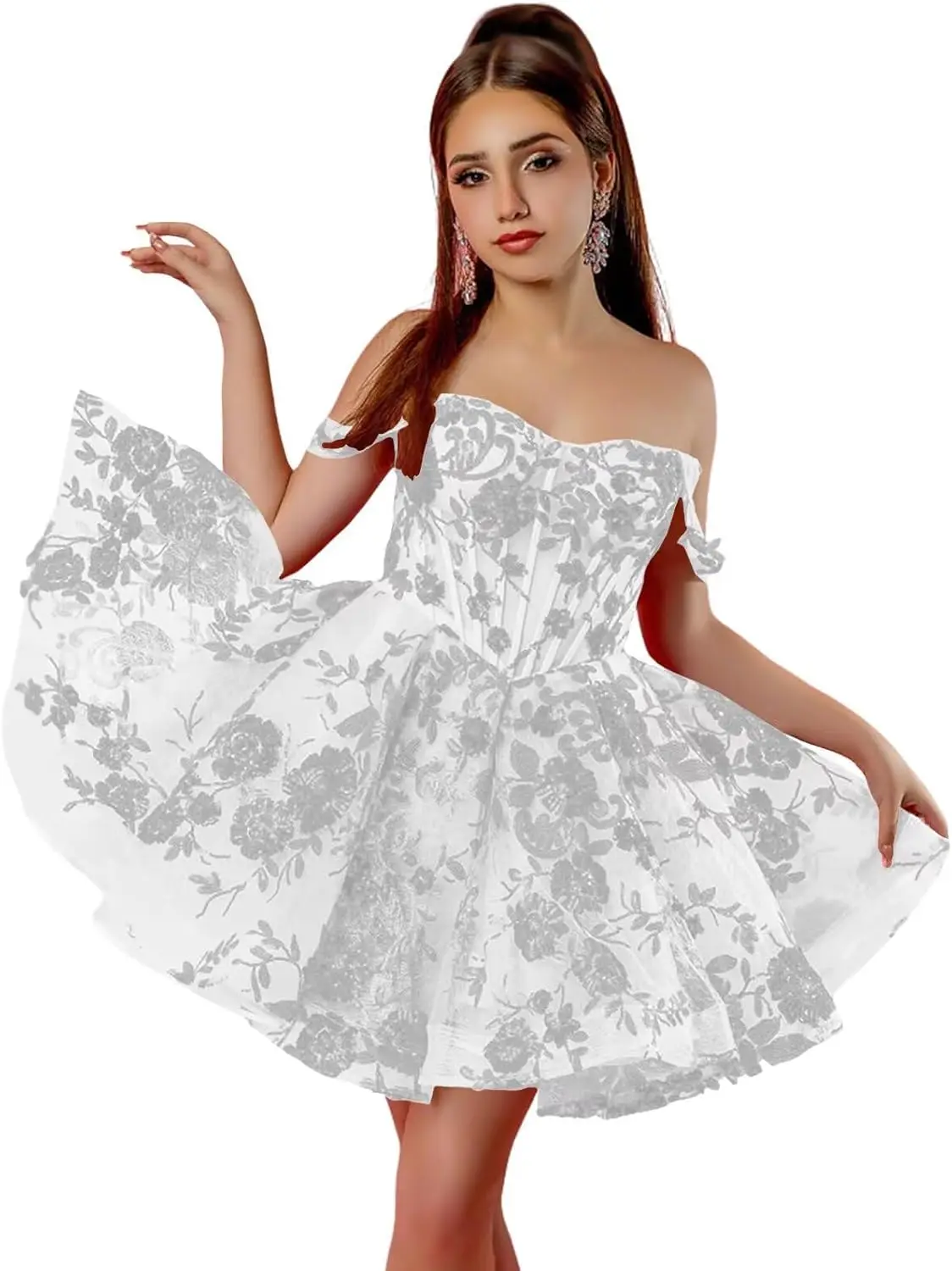Подростковые платья для встречи выпускников Мини-платье с открытыми плечами и цветочным принтом, белое с серым узором, коктейльные платья в корсетном стиле 
Подростковые платья для встречи выпускников Мини-платье с открытыми плечами и цветочным принтом, белое с серым узором, коктейльные платья в корсетном стиле