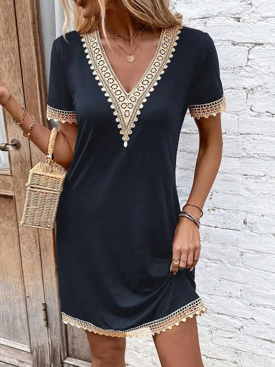 Women V-Neck Contrast Lace Short Sleeve Casual Dress
Women V-Neck Contrast Lace Short Sleeve Casual Dress