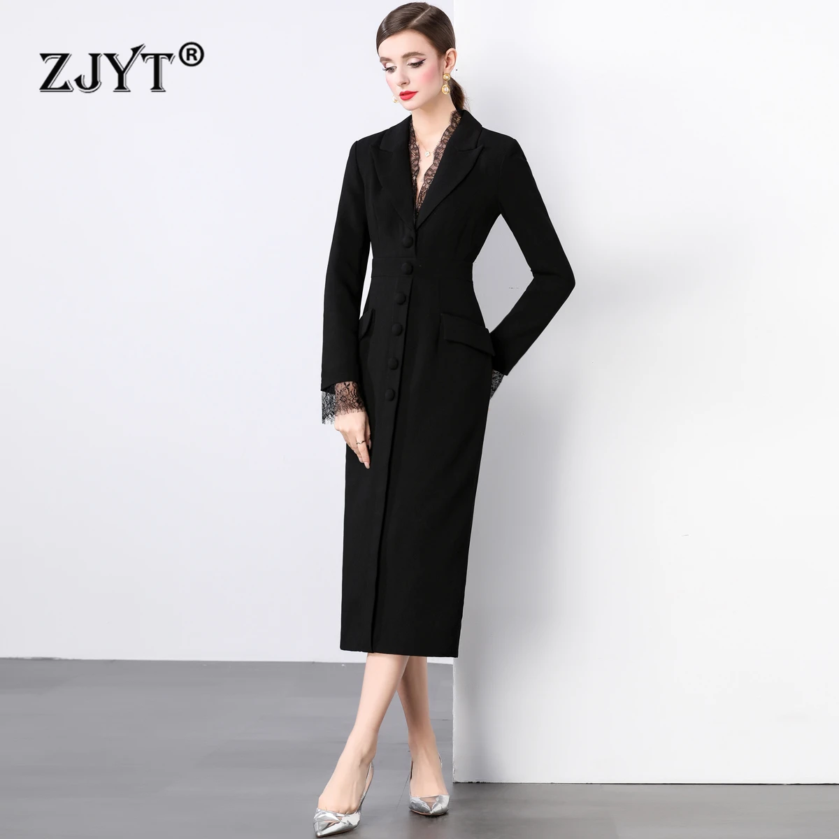 ZJYT Designer Elegant Lace Patchwork Midi Blazer Dresses for Women Autumn Fashion Long Sleeve V Neck Slim Office Party Dress
ZJYT Designer Elegant Lace Patchwork Midi Blazer Dresses for Women Autumn Fashion Long Sleeve V Neck Slim Office Party Dress