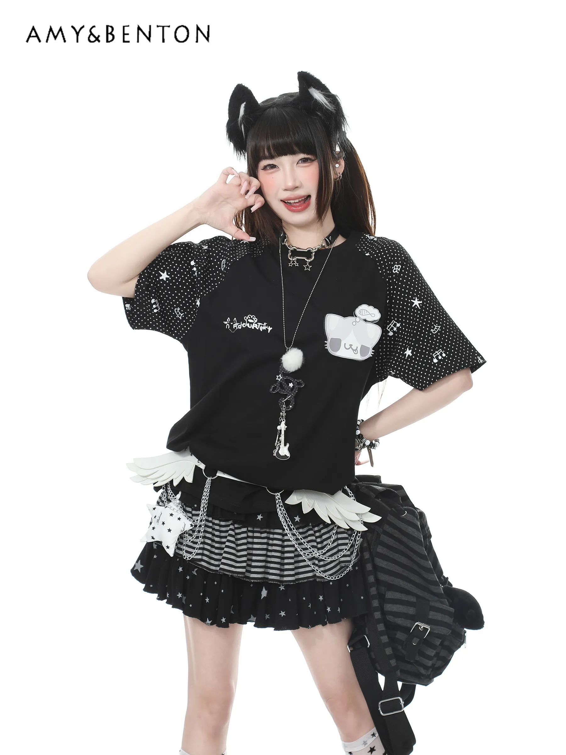 Summer New Japanese Cute Sweet Girl Cartoon Kitten Applique Polka Dot Loose Casual Pink Black Round Neck Short-sleeved T-shirt
Summer New Japanese Cute Sweet Girl Cartoon Kitten Applique Polka Dot Loose Casual Pink Black Round Neck Short-sleeved T-shirt