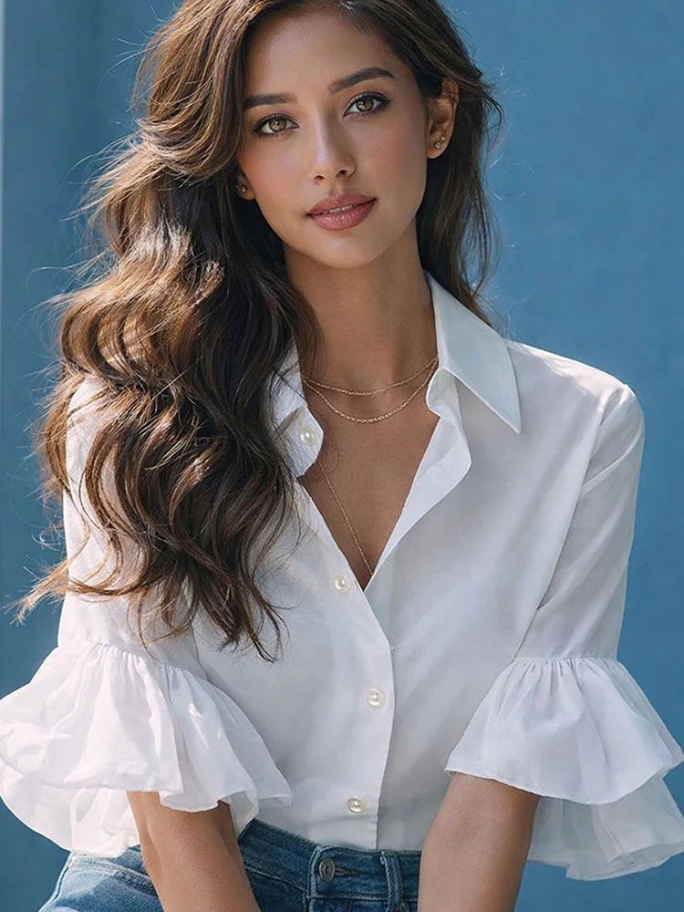 Vintage Ruffles Sleeve White Shirt Women Sweet Casual Loose American Blouse Summer Retro Female Elegant All Match Ins Tops New
Vintage Ruffles Sleeve White Shirt Women Sweet Casual Loose American Blouse Summer Retro Female Elegant All Match Ins Tops New