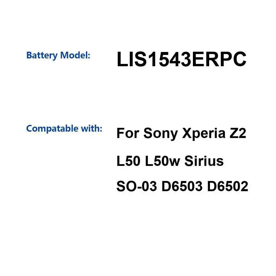 3200 мАч LIS1543ERPC легкий аккумулятор для мобильного телефона с быстрой зарядкой для Sony Xperia Z2 L50 L50w Sirius SO-03 D6503 D6502
3200 мАч LIS1543ERPC легкий аккумулятор для мобильного телефона с быстрой зарядкой для Sony Xperia Z2 L50 L50w Sirius SO-03 D6503 D6502