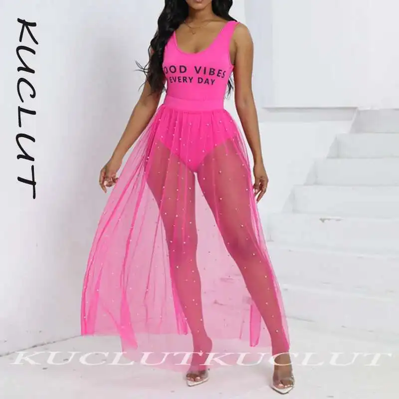 KUCLUT Fashion Women's Beach Vaction Two-pieces Set Letter Printed Jumpsuits High Elastic Waist Pearl Mesh Skirts Female K243
KUCLUT Fashion Women's Beach Vaction Two-pieces Set Letter Printed Jumpsuits High Elastic Waist Pearl Mesh Skirts Female K243