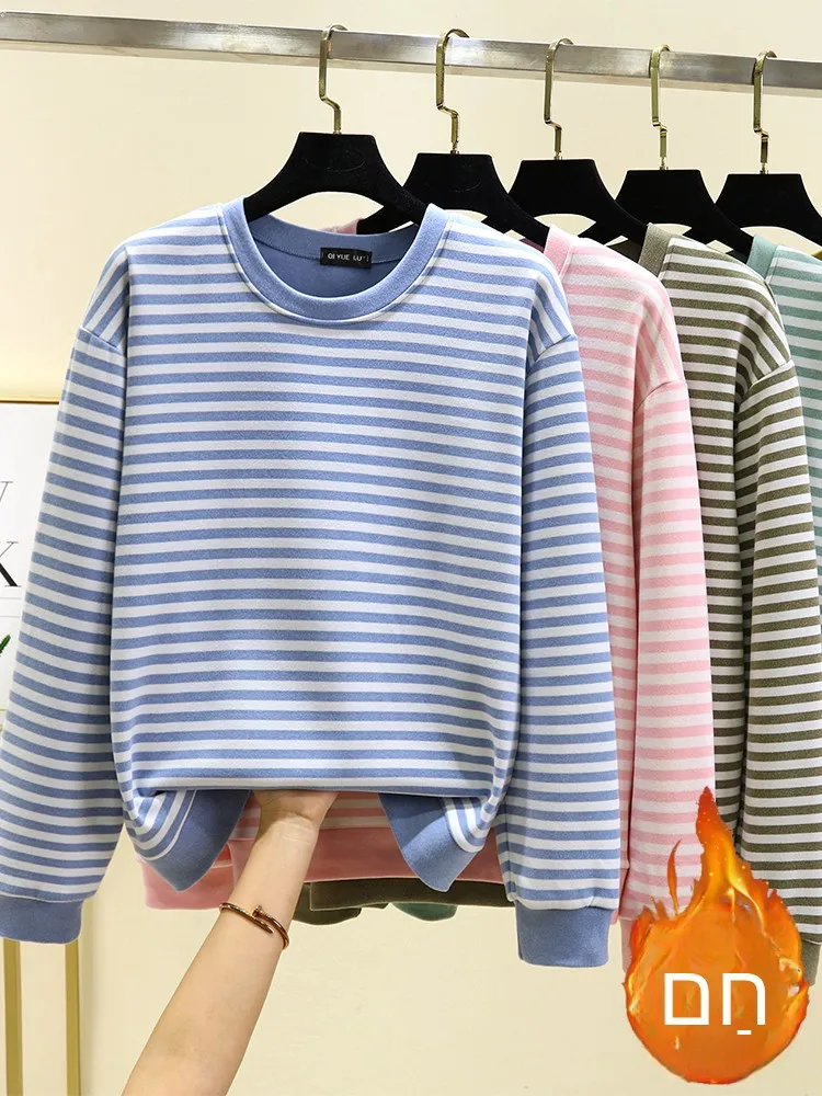 Winter Warm Striped Hoodie Women's Fleece Lined Brushed Sleepwear Casual Loose round Neck Long Sleeve Base Shirt July Deer Brand
Winter Warm Striped Hoodie Women's Fleece Lined Brushed Sleepwear Casual Loose round Neck Long Sleeve Base Shirt July Deer Brand