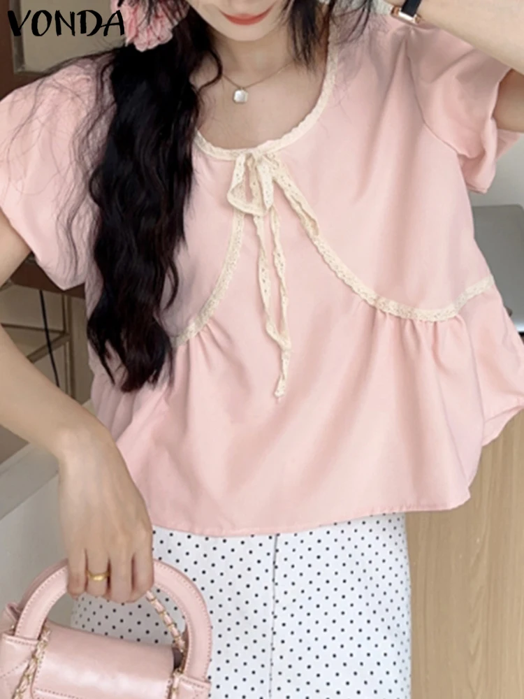 2025 VONDA Women Elegant Lace Blouse Summer Tops Casual Short Puff Sleeve Bow Shirts Loose O-Neck Korean Blusas Fashion Tops
2025 VONDA Women Elegant Lace Blouse Summer Tops Casual Short Puff Sleeve Bow Shirts Loose O-Neck Korean Blusas Fashion Tops