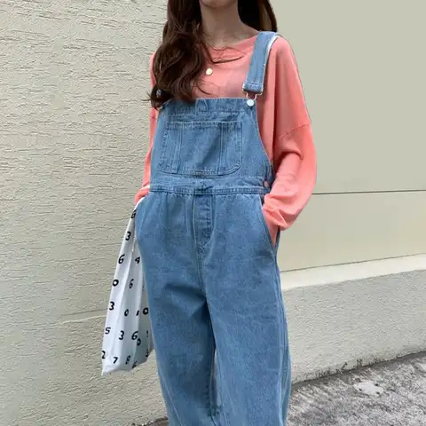 Trendy Wide-leg Jumpsuit for Women Women's Wide-leg Denim Bib Overalls with Adjustable Straps Pockets Casual Baggy for Spring
