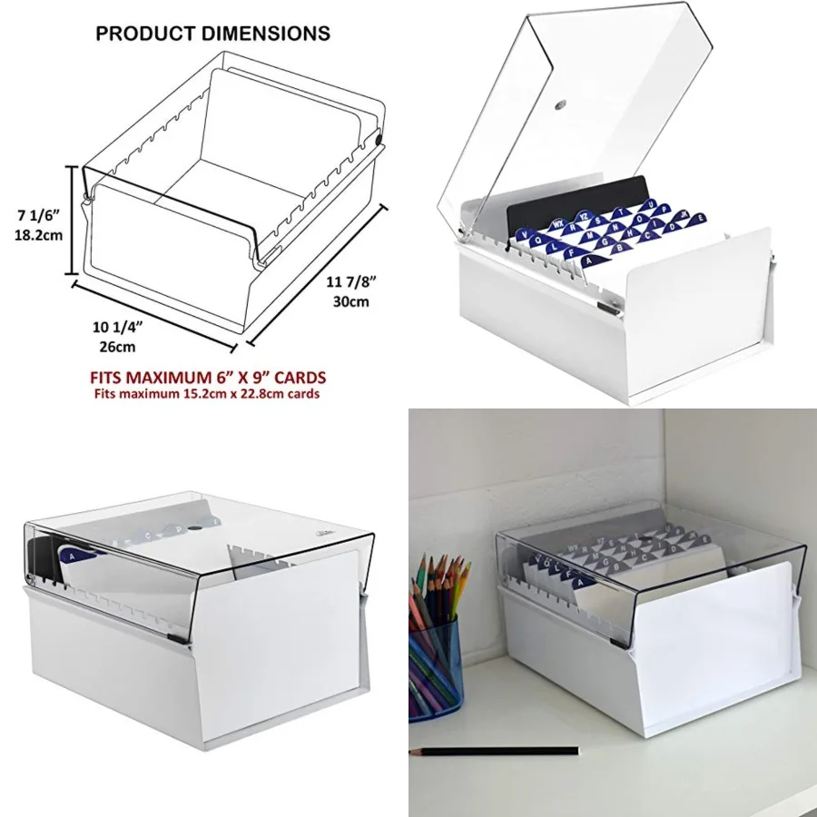 6 x 9 Card File Holder Organizer Box Metal Base Heavy Duty AZ Index Cards and Divider Included (White Color with Crystal Plasti
6 x 9 Card File Holder Organizer Box Metal Base Heavy Duty AZ Index Cards and Divider Included (White Color with Crystal Plasti