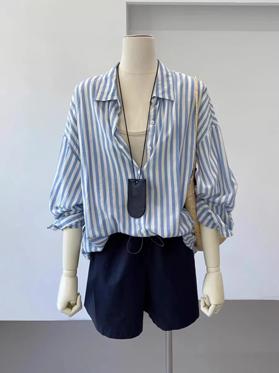 Retro Stylish Blue Striped Women's Shirt Spring Summer Thin Loose Casual Layered Sun Protection Top Coat Open Cardigan
Retro Stylish Blue Striped Women's Shirt Spring Summer Thin Loose Casual Layered Sun Protection Top Coat Open Cardigan