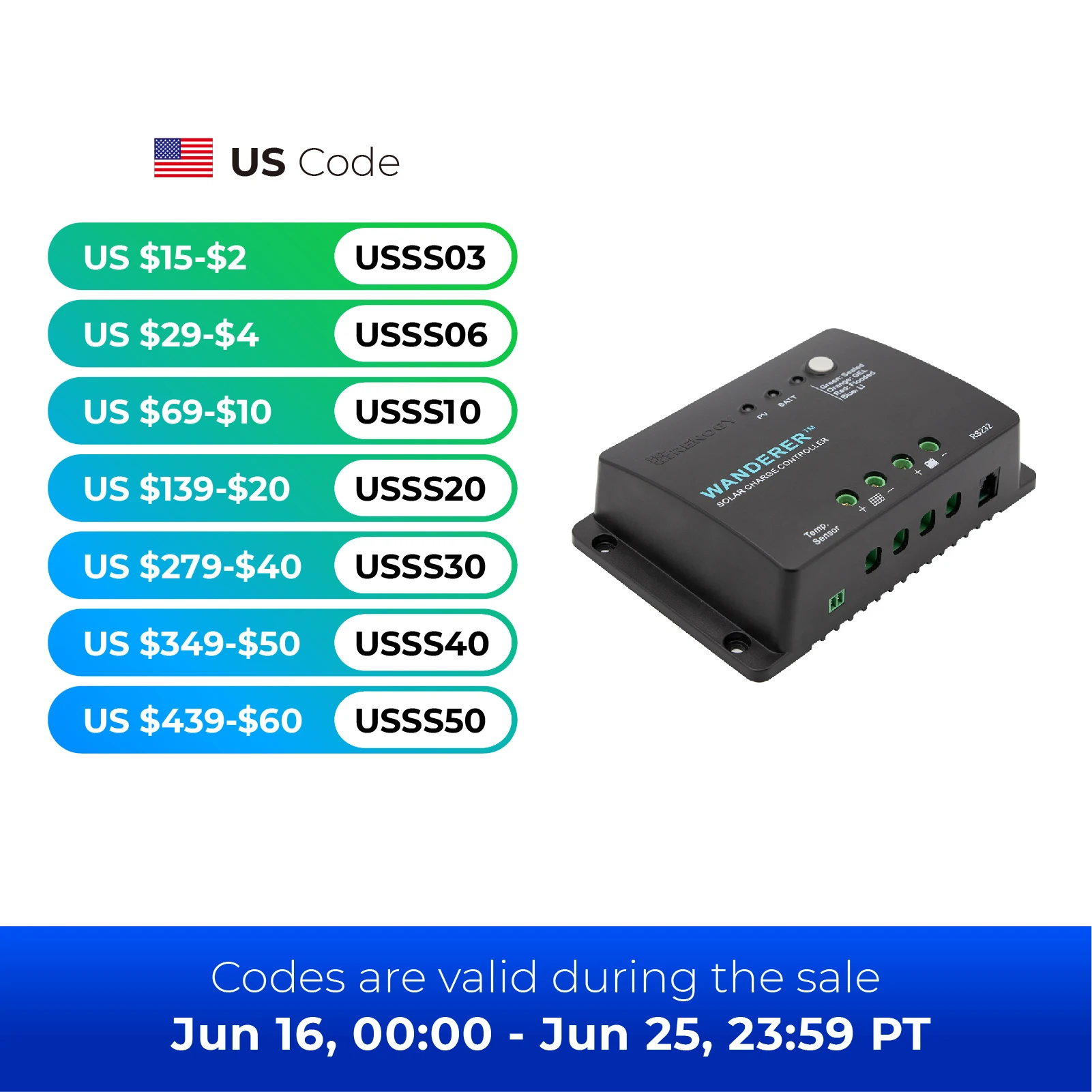 Renogy Wanderer Li 30A 12V PWM Negative Ground Solar Charge Controller Solar Panel Regulator w/ Temp Sensor Function Fit for Lit
Renogy Wanderer Li 30A 12V PWM Negative Ground Solar Charge Controller Solar Panel Regulator w/ Temp Sensor Function Fit for Lit