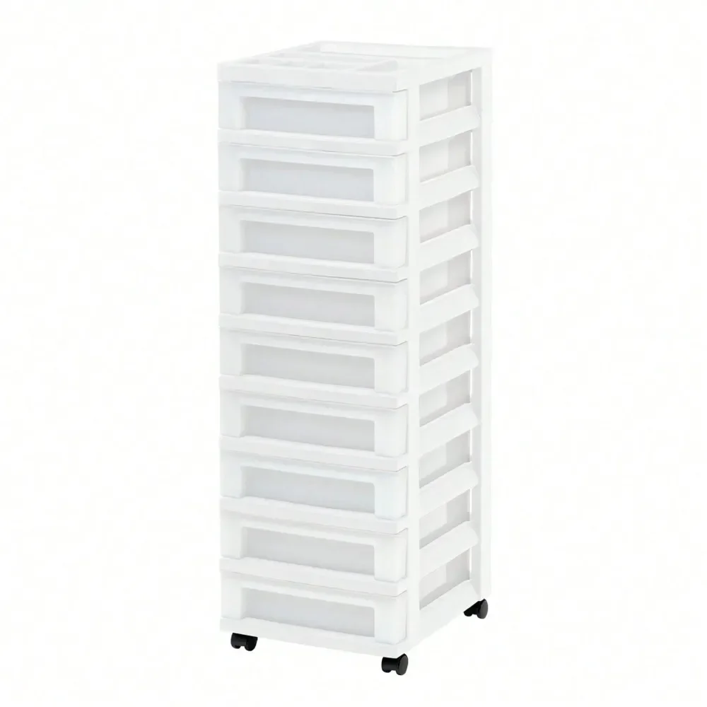 Narrow Plastic Storage Drawer Cart With Organizer Top, White
Narrow Plastic Storage Drawer Cart With Organizer Top, White