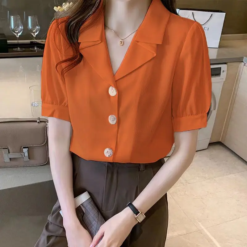 Solid Button Simplicity Short Sleeve Elegant Blouse Summer Temperament All-match Youth Shirt Tops Fashion Office Women Clothing
Solid Button Simplicity Short Sleeve Elegant Blouse Summer Temperament All-match Youth Shirt Tops Fashion Office Women Clothing