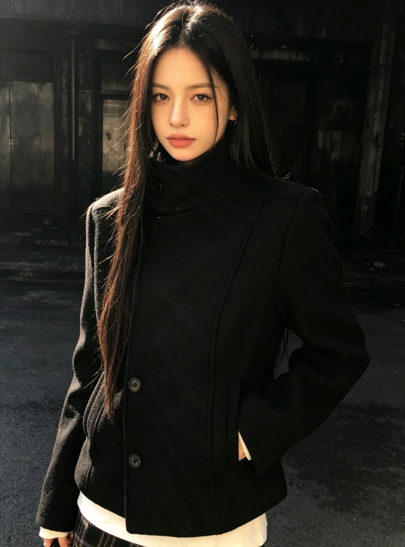 New Korean court style design, dark colored coat, winter woolen top, slim and short, stand up collar, black woolen coat
New Korean court style design, dark colored coat, winter woolen top, slim and short, stand up collar, black woolen coat