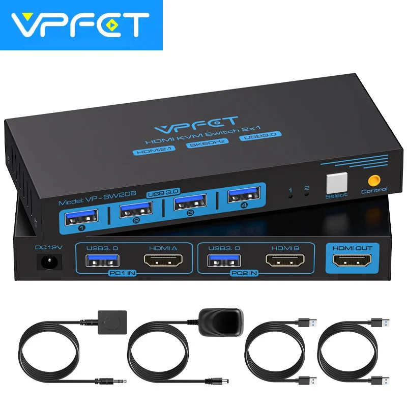 KVM Switcher HDMI2.1 Cable 8K/60Hz Resolution 2 Computers 1 Monitor KVM Switcher Supports DP 1.4 USB3.0 Device Audio Devices
KVM Switcher HDMI2.1 Cable 8K/60Hz Resolution 2 Computers 1 Monitor KVM Switcher Supports DP 1.4 USB3.0 Device Audio Devices