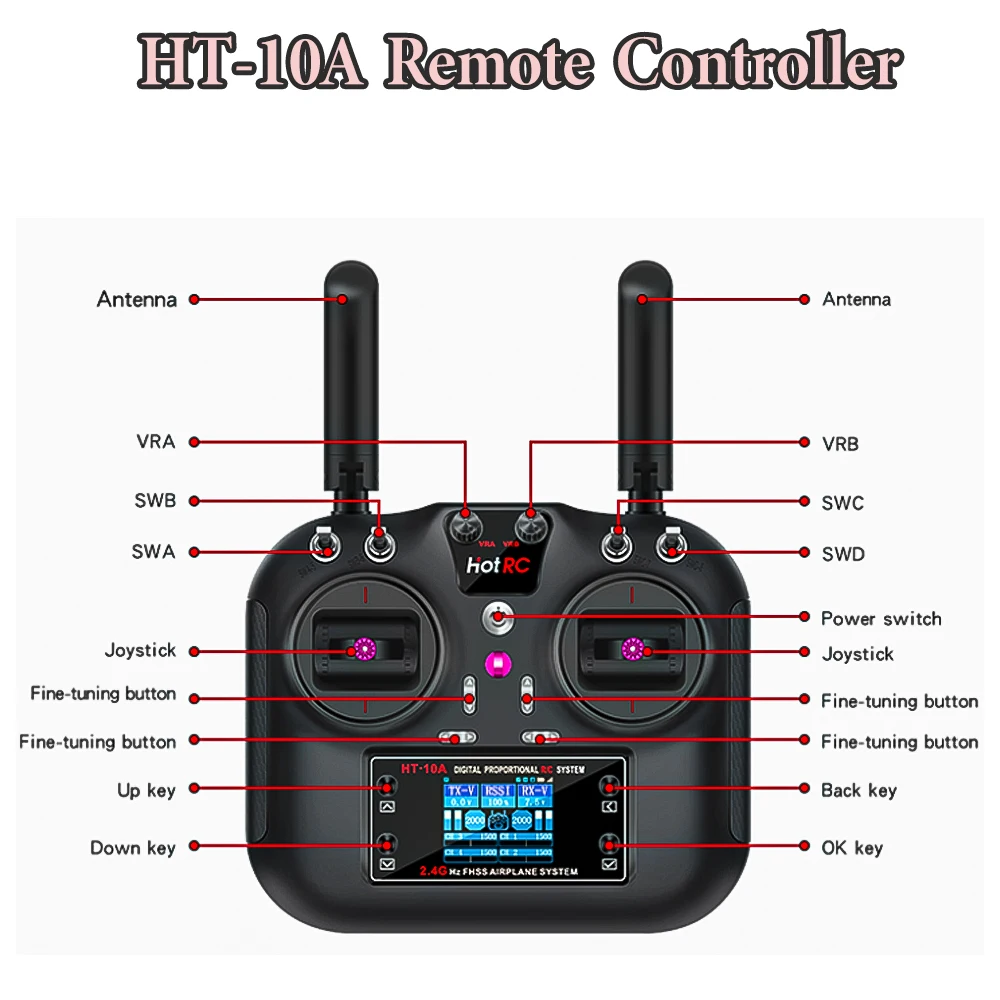 Hotrc HT-10A 2.4GHz 10CH Remote Controller Transmitter with F10A Receiver for RC Airplane Car Boat Drone Model Parts
Hotrc HT-10A 2.4GHz 10CH Remote Controller Transmitter with F10A Receiver for RC Airplane Car Boat Drone Model Parts