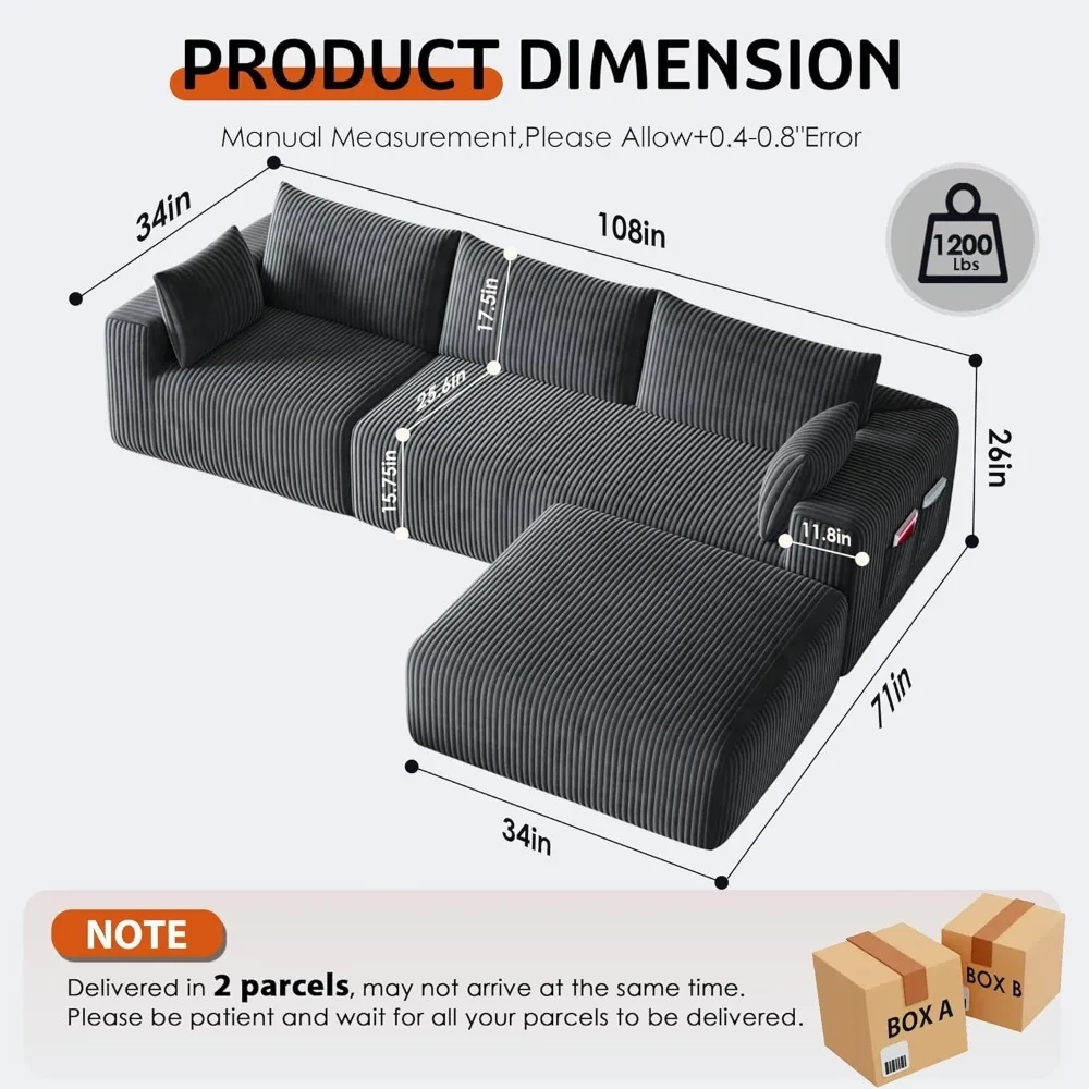 108" Cloud Couch Modular Sectional Sofa for Living Room,L Shaped Boneless Couch with Deep Seat Chaise,No Assembly, Customized
108" Cloud Couch Modular Sectional Sofa for Living Room,L Shaped Boneless Couch with Deep Seat Chaise,No Assembly, Customized