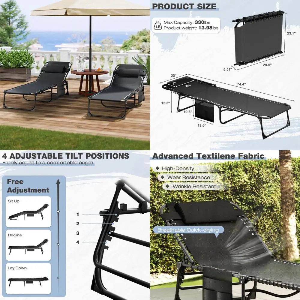 Portable Outdoor Patio Sun Tanning Lounge Chair Set, 4-Position Reclining Back, Pool Chaise Lounge Chairs for 2
Portable Outdoor Patio Sun Tanning Lounge Chair Set, 4-Position Reclining Back, Pool Chaise Lounge Chairs for 2