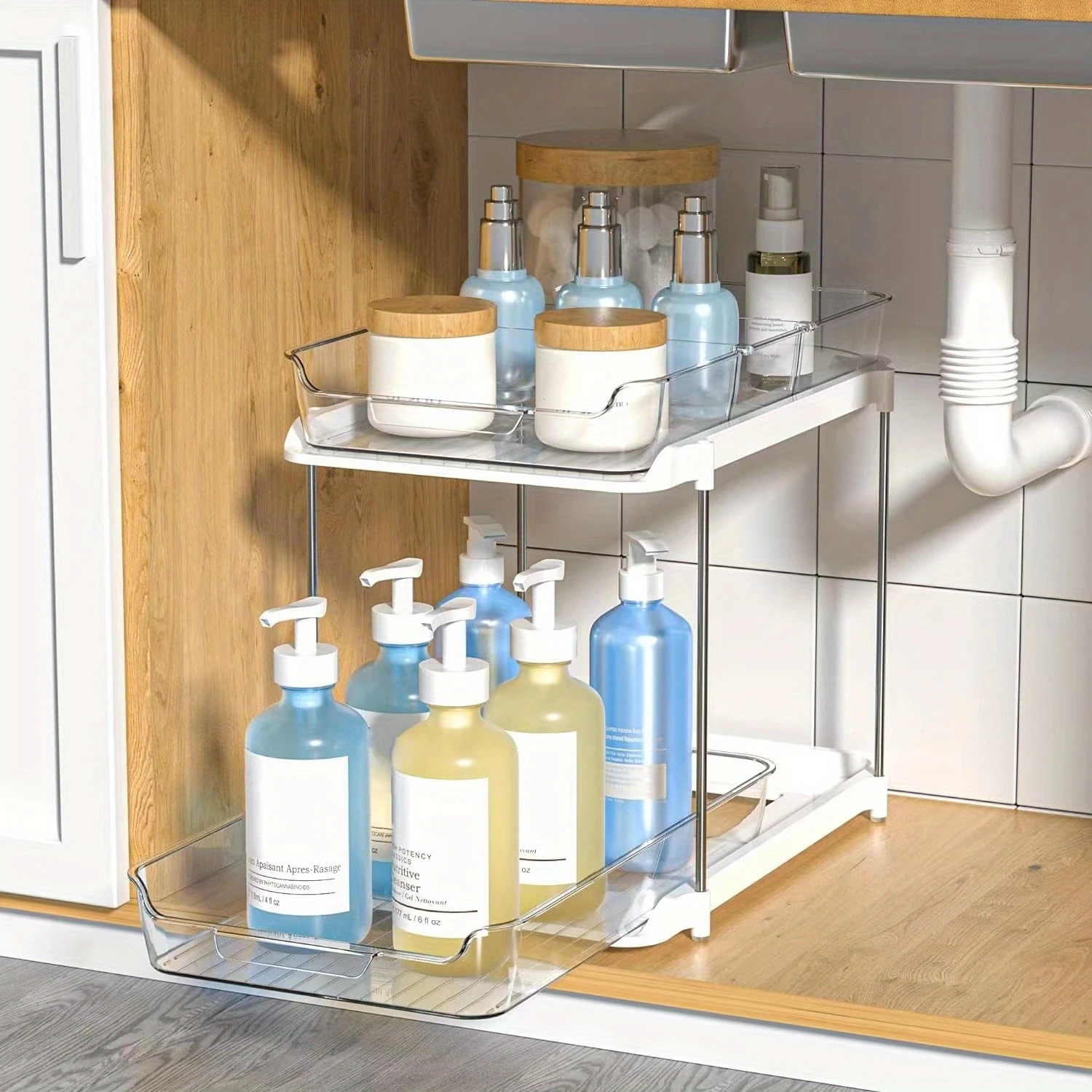 1pc Stackable 2-Tier Organizer - Clear with Adjustable Dividers- Perfect for Kitchen & Bathroom Under-Sink Organization.
1pc Stackable 2-Tier Organizer - Clear with Adjustable Dividers- Perfect for Kitchen & Bathroom Under-Sink Organization.
