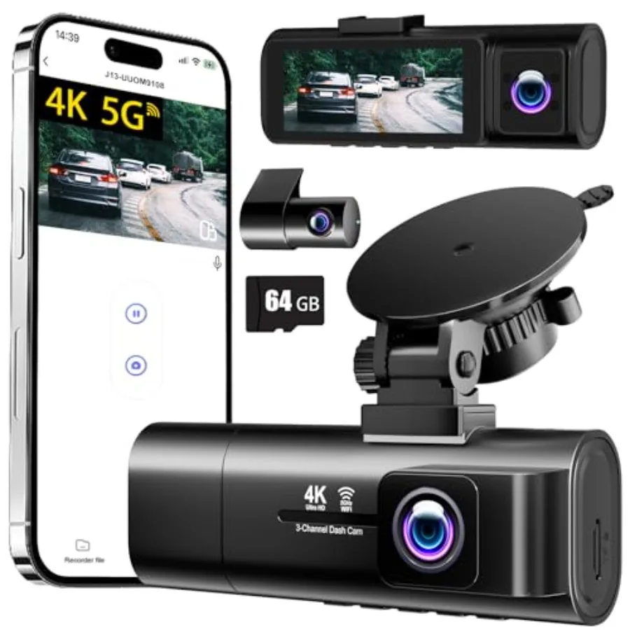Car dash cam system: 4K front/rear/interior 3-channel, IPS 3.16 display, 5G WiFi, 64GB card included, 170 wide angle, loop reco
Car dash cam system: 4K front/rear/interior 3-channel, IPS 3.16 display, 5G WiFi, 64GB card included, 170 wide angle, loop reco