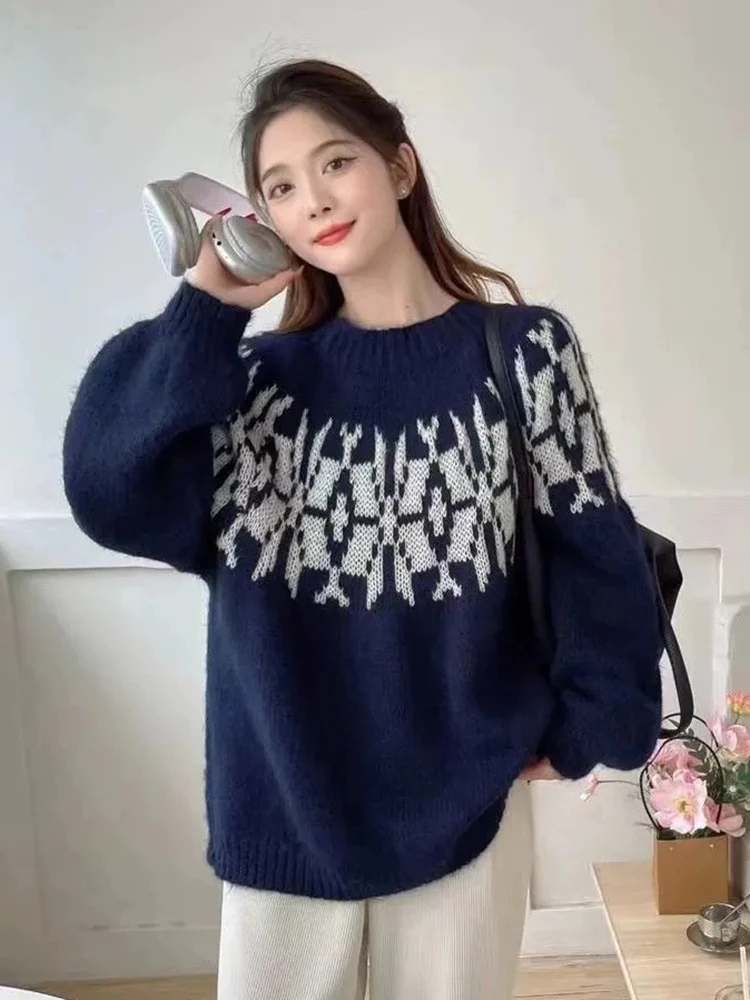 Zoki Vintage Women Korean Sweaters Loose Long Sleeve Geometric Knitted Jumpers Casual Lazy Wind Female O Neck Design Retro Tops
Zoki Vintage Women Korean Sweaters Loose Long Sleeve Geometric Knitted Jumpers Casual Lazy Wind Female O Neck Design Retro Tops