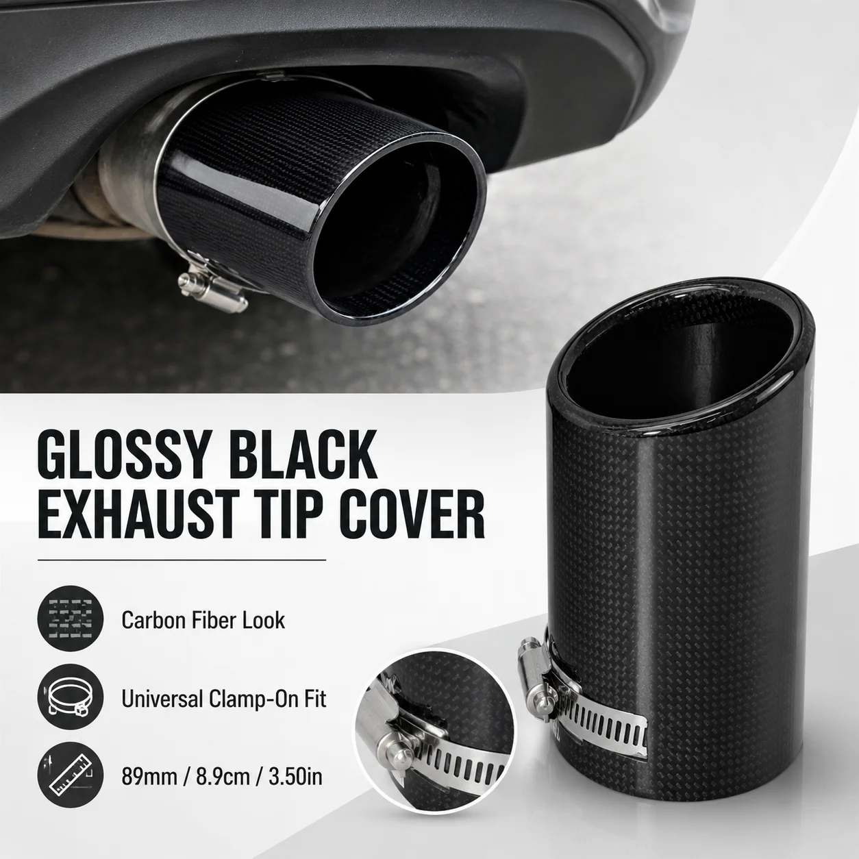 1PC Universal Glossy Black Exhaust Tip Cover 89 mm Rolled Edge Carbon Fiber Style Muffler Protector Car Tailpipe Decoration
1PC Universal Glossy Black Exhaust Tip Cover 89 mm Rolled Edge Carbon Fiber Style Muffler Protector Car Tailpipe Decoration