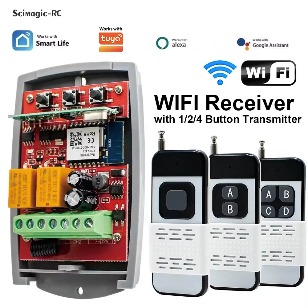 Smart Garage Door Opener Wifi Controller Open Gate Rf Switch Module 2ch 7-250v Receiver 1/2/4 Button Transmitter Works with Tuya