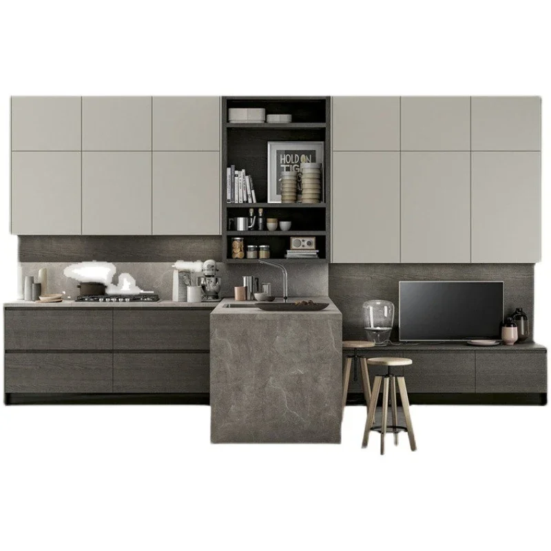 Integral cabinets, new minimalist modern kitchen, multi-functional U-shaped, rock slab countertops 
Integral cabinets, new minimalist modern kitchen, multi-functional U-shaped, rock slab countertops