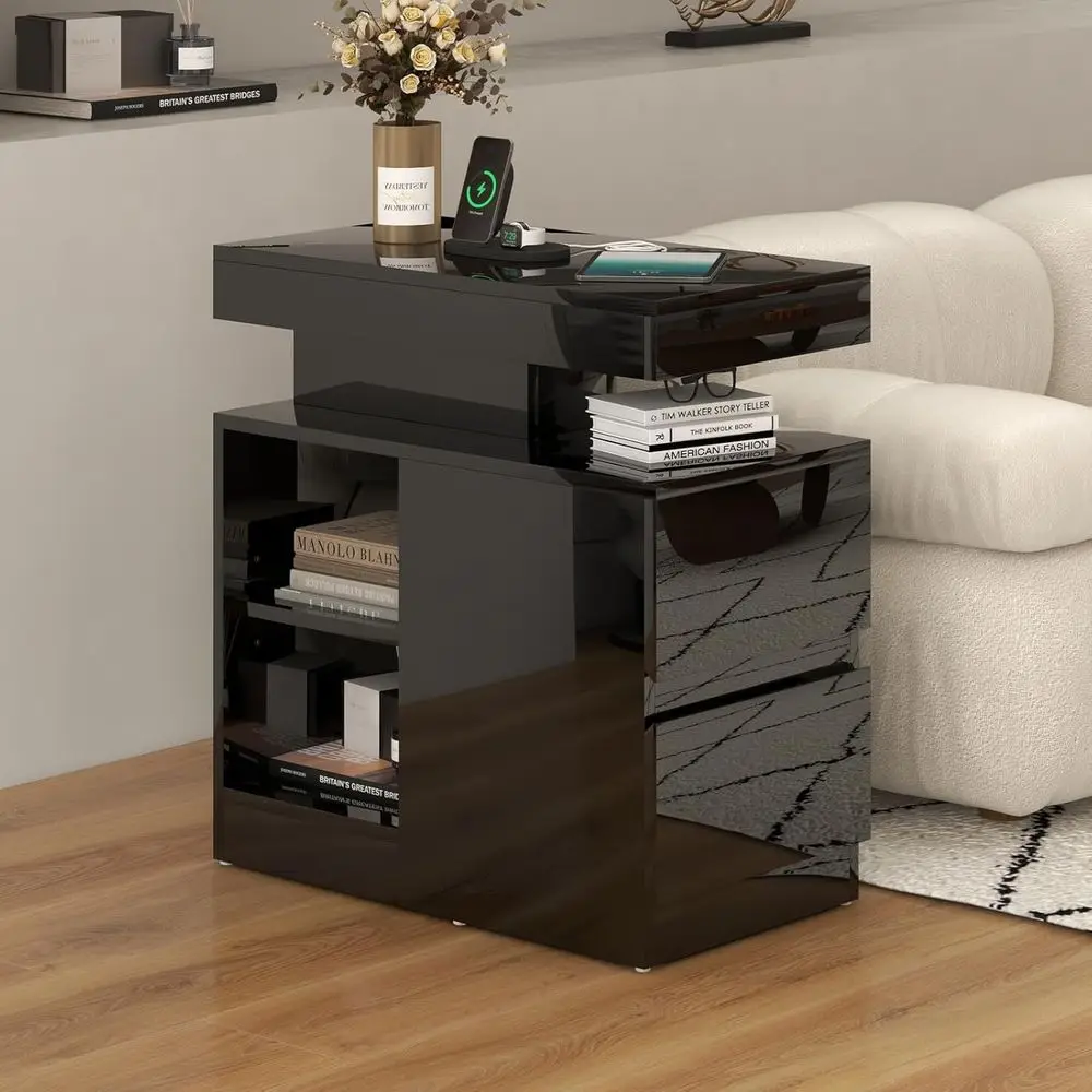 LED-Equipped Power Outlet End Table, Glossy Sofa Side Table, Compact Nightstand with Drawer and Storage, Slim Side Table with Ch
LED-Equipped Power Outlet End Table, Glossy Sofa Side Table, Compact Nightstand with Drawer and Storage, Slim Side Table with Ch