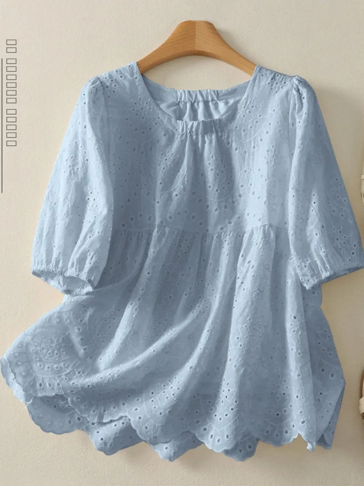 Элегантная женская летняя блузка из хлопка и льна с коротким рукавом, свободного кроя, с вырезами, круглым вырезом горловины и застежкой на пуговицах, в художественном стиле
Элегантная женская летняя блузка из хлопка и льна с коротким рукавом, свободного кроя, с вырезами, круглым вырезом горловины и застежкой на пуговицах, в художественном стиле