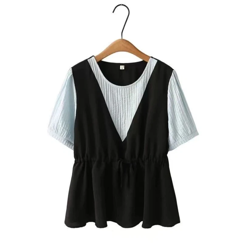 O-neck Contrast Patchwork Drawstring Vintage Blouse Women Clothing Short Sleeve Loose Casual Shirt Tops Fashion Office Summer
O-neck Contrast Patchwork Drawstring Vintage Blouse Women Clothing Short Sleeve Loose Casual Shirt Tops Fashion Office Summer