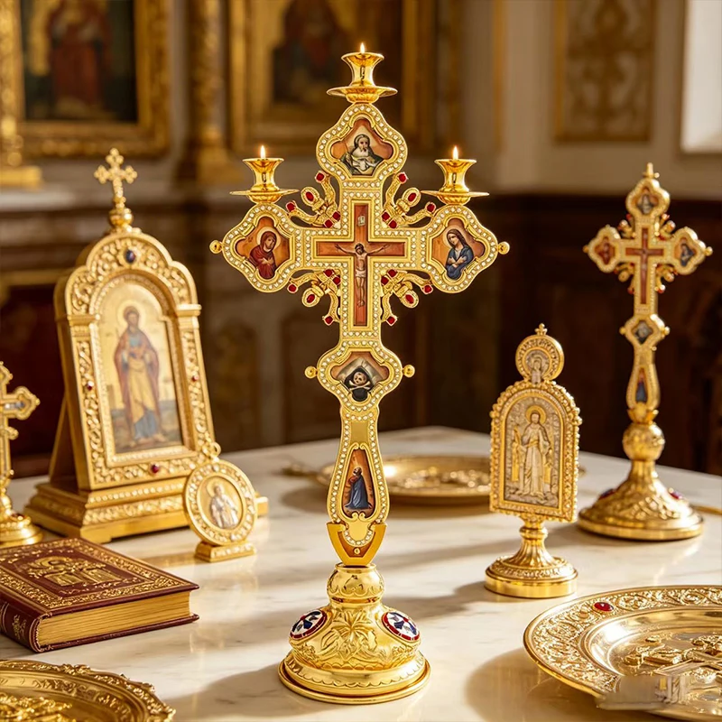 Gold Plated Orthodox Standing Blessing Cross with Candle Holders Enamel Icons and Red Crystals for Church Altar Liturgy Gift
Gold Plated Orthodox Standing Blessing Cross with Candle Holders Enamel Icons and Red Crystals for Church Altar Liturgy Gift
