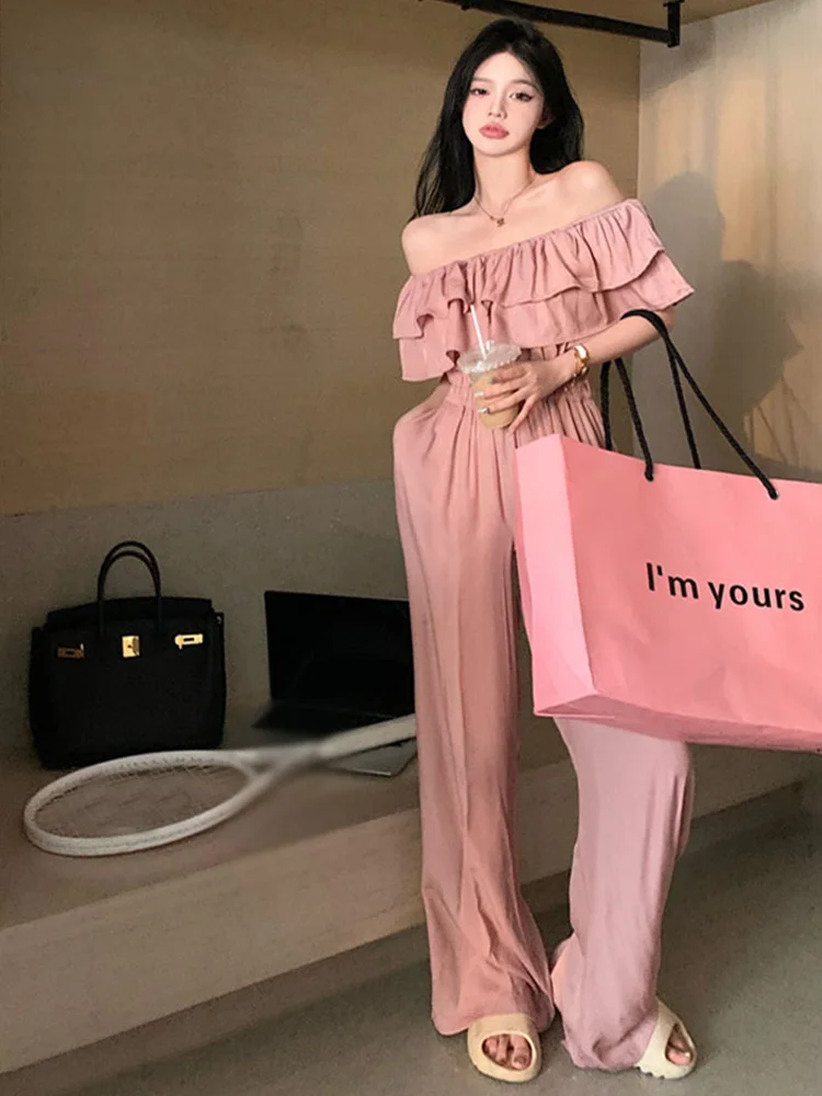 Pink Jumpsuits Women's Ruffle Slash Neck Spring 2023 New Solid Design High Waist Drop Loose Wide Leg Pants Chic Rompers
Pink Jumpsuits Women's Ruffle Slash Neck Spring 2023 New Solid Design High Waist Drop Loose Wide Leg Pants Chic Rompers