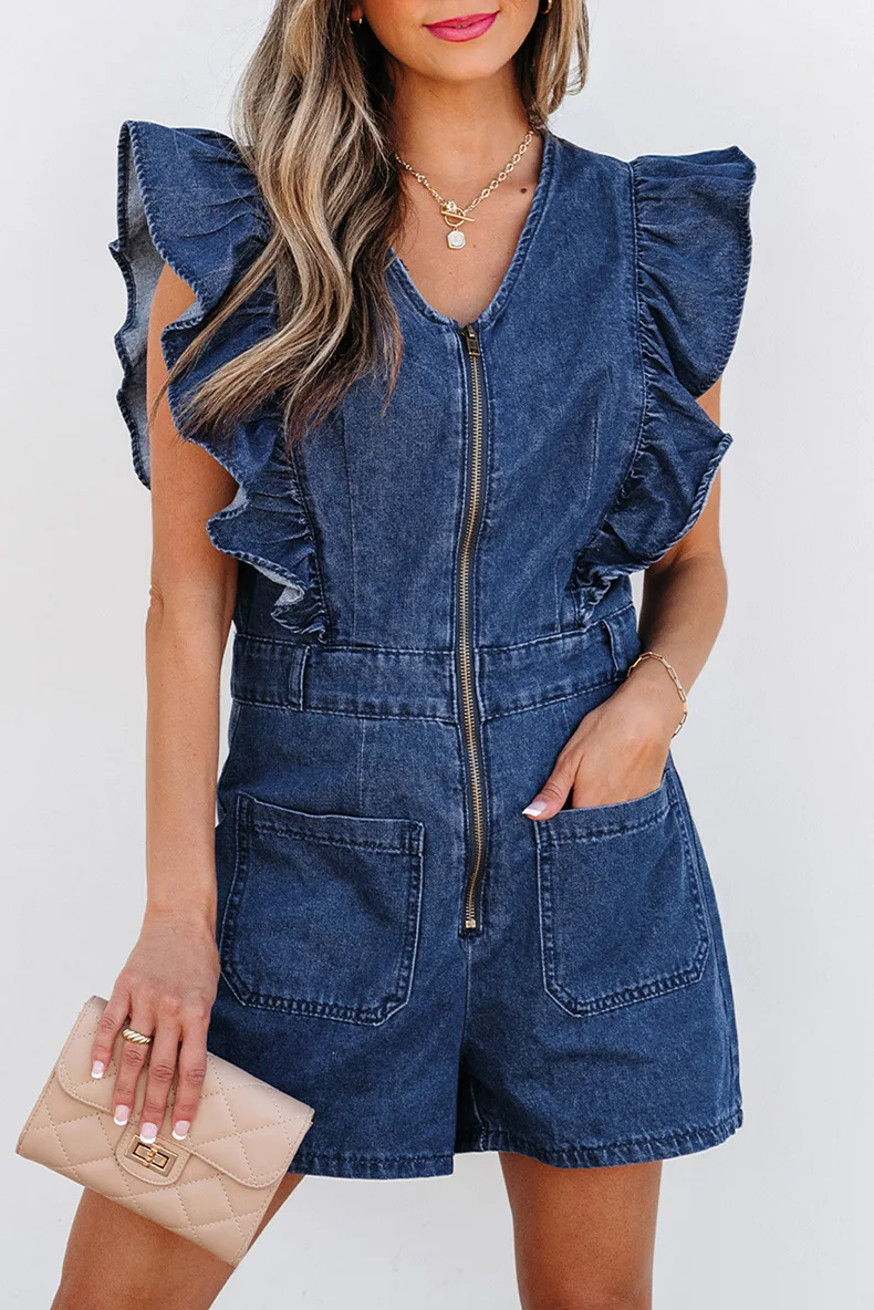 2025 Spring Summer New Solid Color Flying Sleeve Jumpsuit Women's Fashion Trend Zipper Ruffle Denim One-piece High Waist Shorts
2025 Spring Summer New Solid Color Flying Sleeve Jumpsuit Women's Fashion Trend Zipper Ruffle Denim One-piece High Waist Shorts