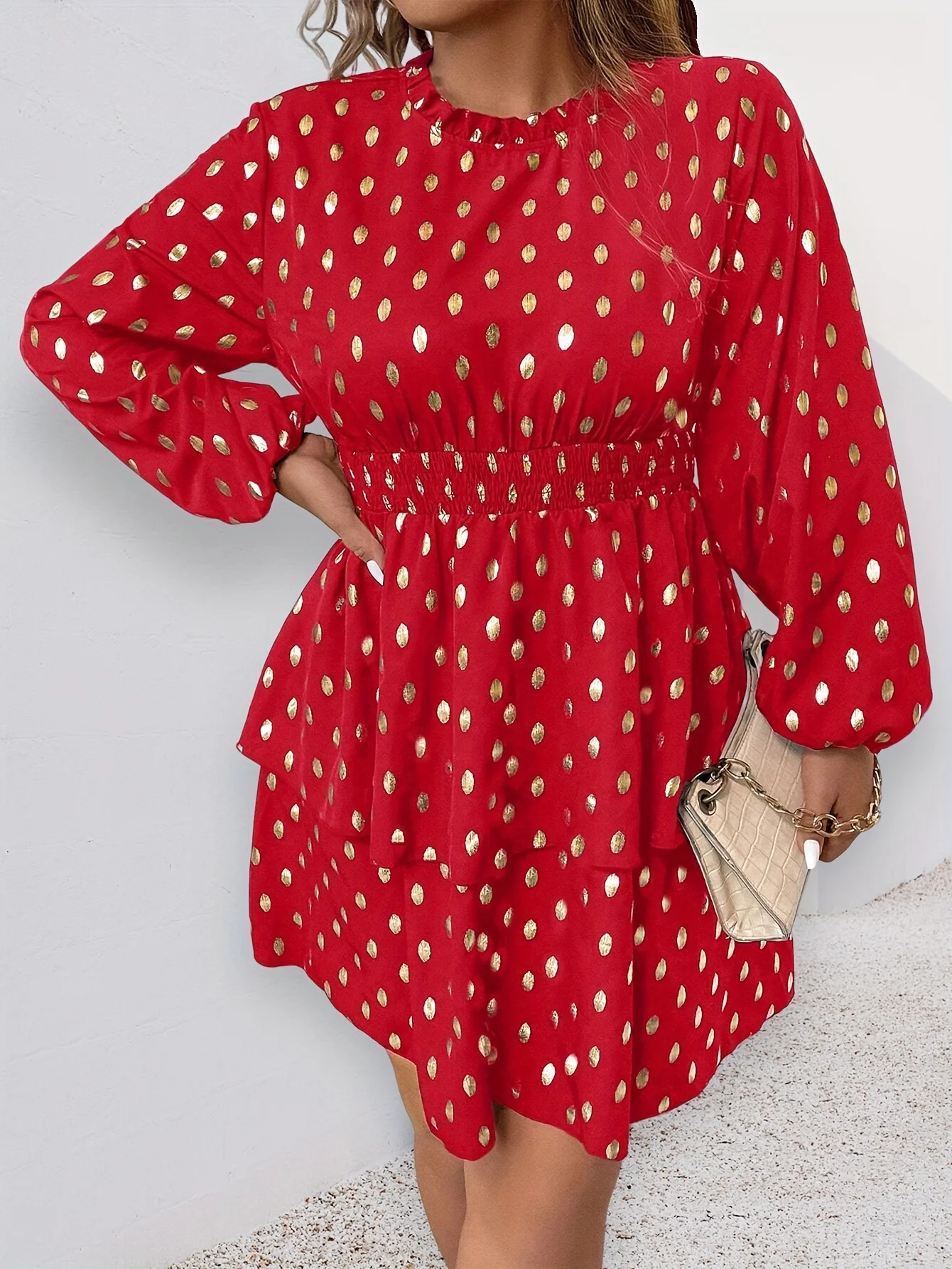 Plus Size Long Sleeve Tiered Dress, Red Gold Dot Print Ruffle Neck Dress with Elastic Waist
Plus Size Long Sleeve Tiered Dress, Red Gold Dot Print Ruffle Neck Dress with Elastic Waist