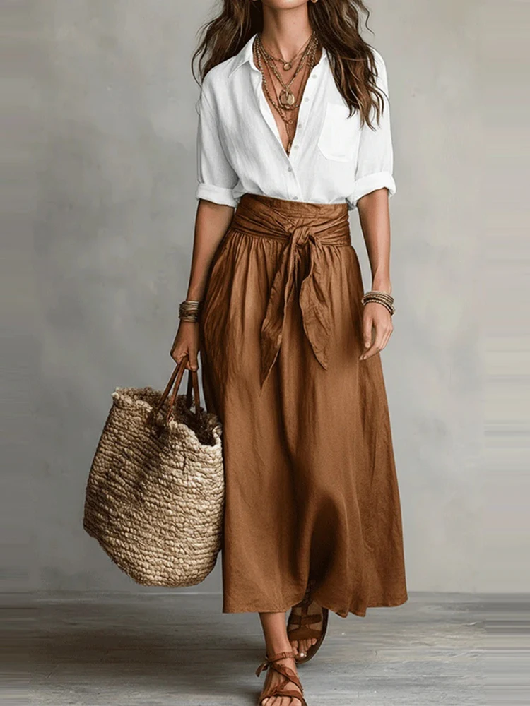 Women Fashion High Waist Party Set Elegant Lapel Button Shirt & Bowknot Skirt Outfit Long Sleeved Vacation Style Draped 2Pc Suit
Women Fashion High Waist Party Set Elegant Lapel Button Shirt & Bowknot Skirt Outfit Long Sleeved Vacation Style Draped 2Pc Suit