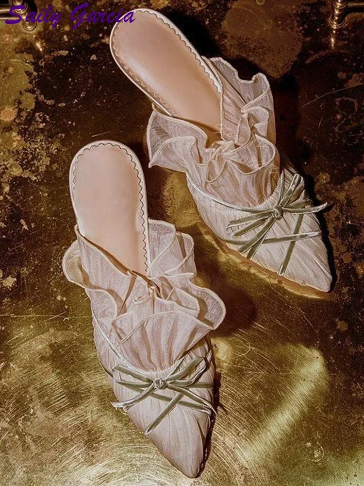 Satin Ruffles Slippers Solid Butterfly-knot Pointed Toe Shallow Stilettos Mules 2025 Spring Women Elegant Dress Shoes Pull on
Satin Ruffles Slippers Solid Butterfly-knot Pointed Toe Shallow Stilettos Mules 2025 Spring Women Elegant Dress Shoes Pull on