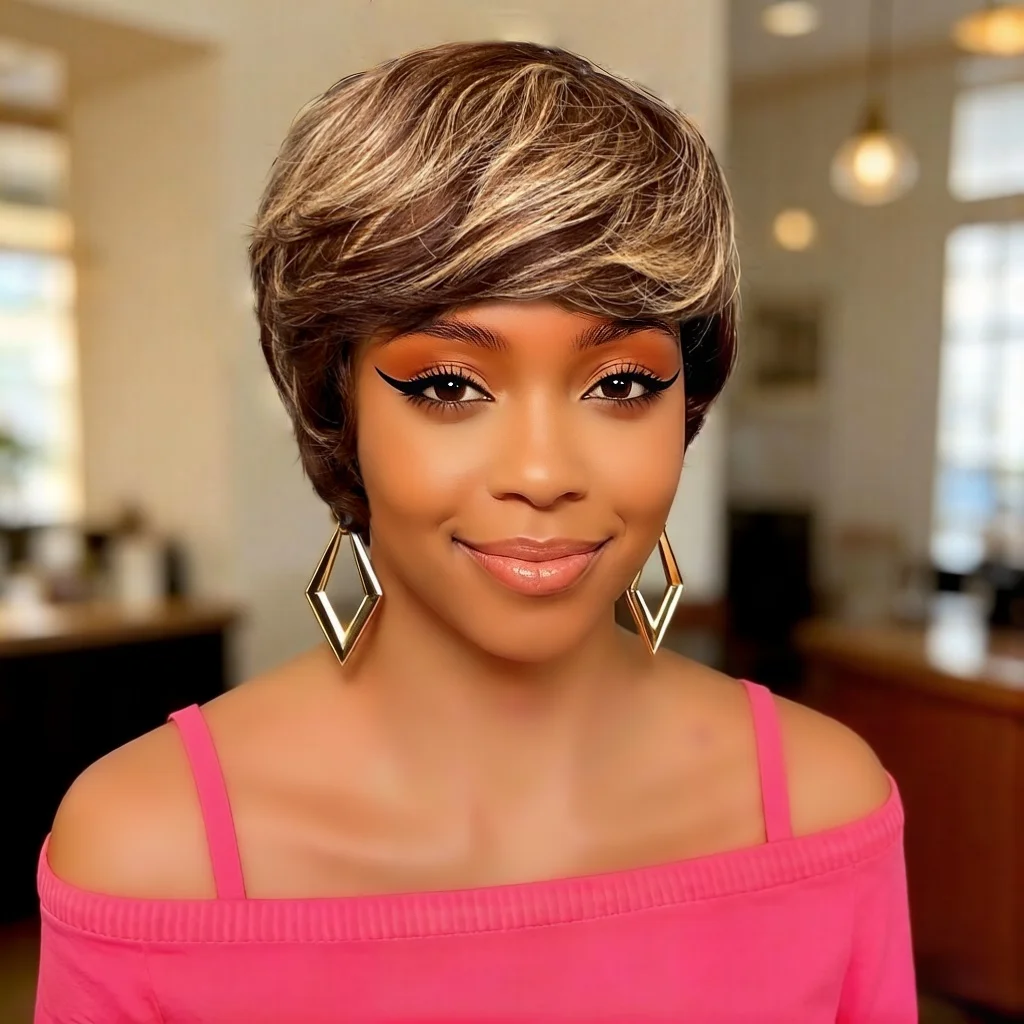 Trendy P4/27 Brown with Blonde Highlights Short Human Hair Wig, Full machine made Human Hair Layered Pixie Cut Wig, Natural Look
Trendy P4/27 Brown with Blonde Highlights Short Human Hair Wig, Full machine made Human Hair Layered Pixie Cut Wig, Natural Look