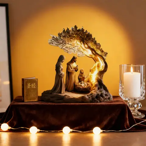 Zestaw figurek świątecznych z motywem Bożego Narodzenia, dekoracja stołu na Wielkanoc, religijny element dekoracyjny na Boże Narodzenie, ozdoba do domu, świąteczna scena dekoracyjna.